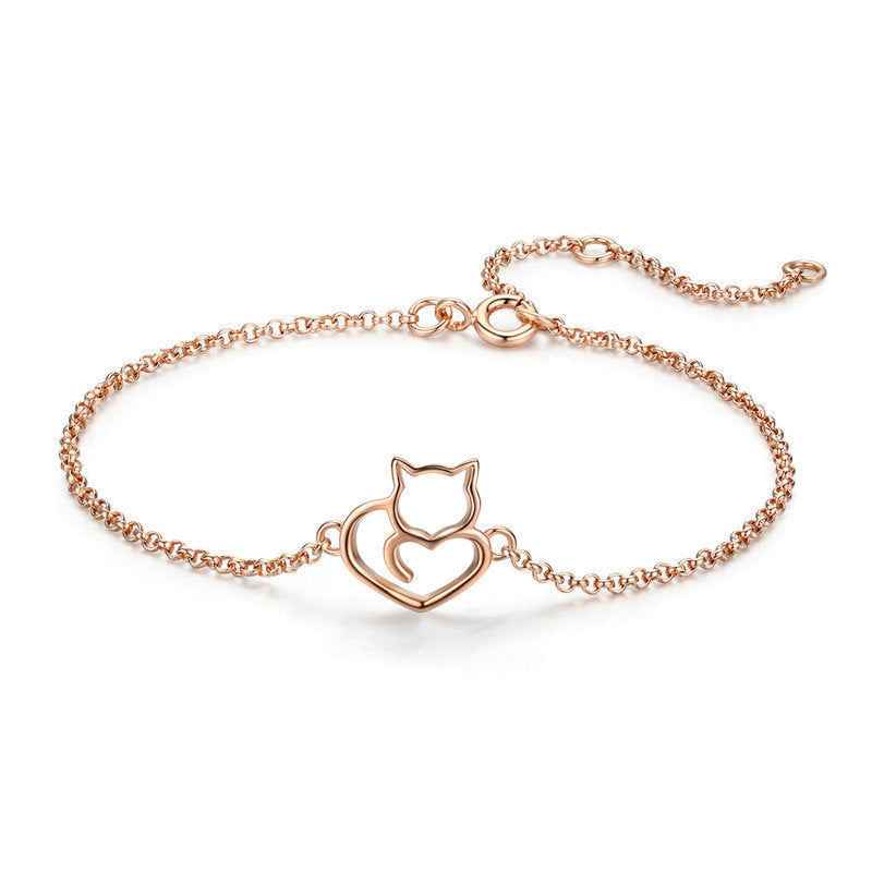 925 Sterling Silver Cat Heart Adjustable Bracelet