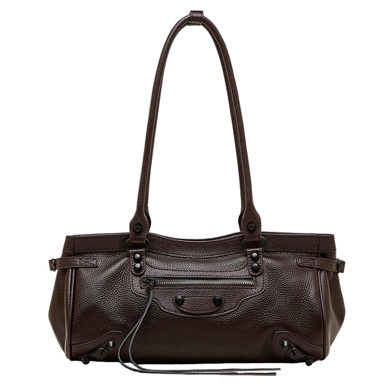 Women's Genuine Leather Rivet Detail Slouchy Shoulder Bag