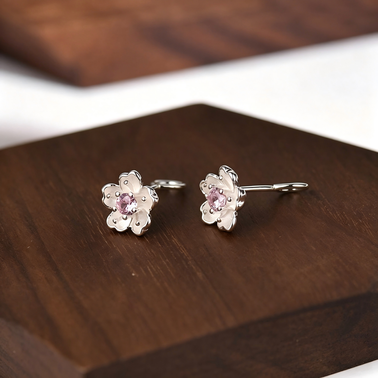 S999 Sterling Silver Sakura Stud Earrings Cherry Blossom Design