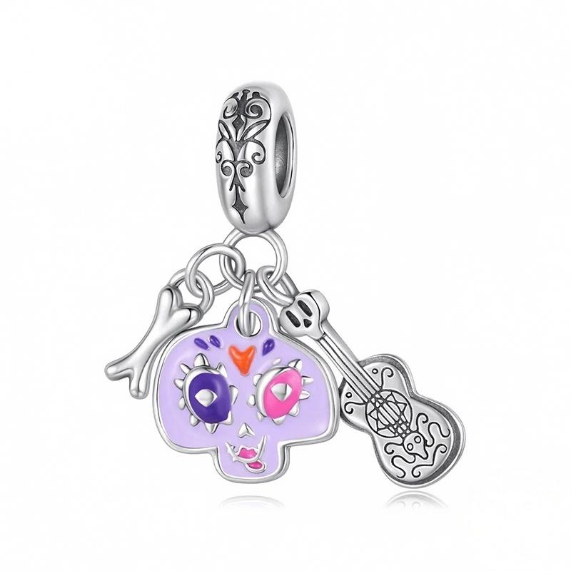 “Skull Strummer” S925 Sterling Silver Guitar Skeleton Pendant Bead