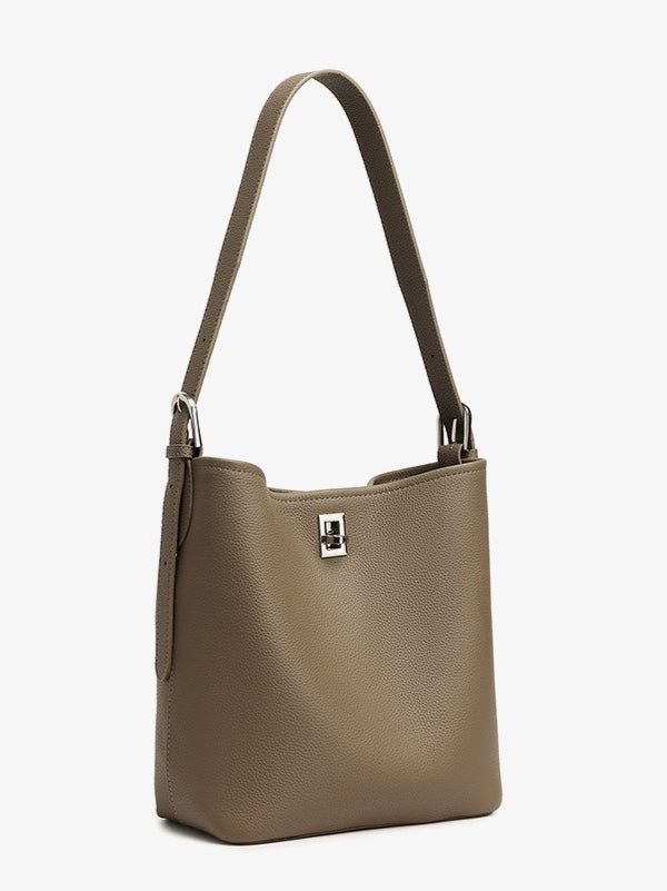 Women's Full-Grain Cowhide Sculpted Bucket Bag with Turn-Lock