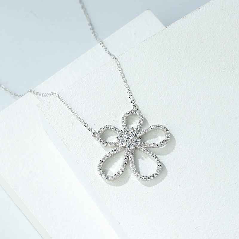 Camellia Radiance Floral Pavé Necklace 925 Sterling Silver Zircon Pendant