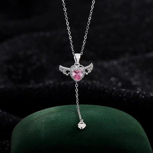 Angel Wing Heart Necklace – 925 Sterling Silver Zircon Pendant, Gift Ready