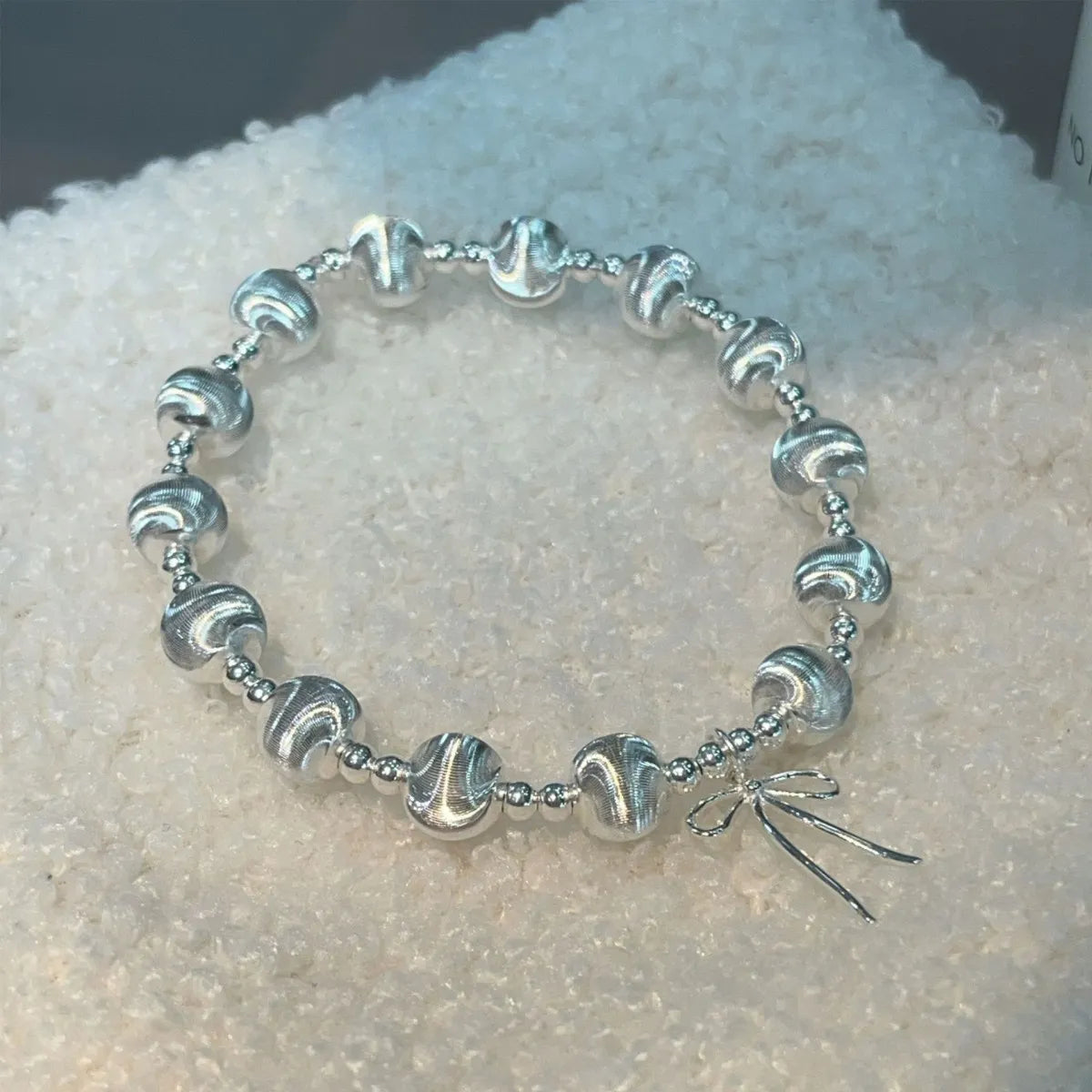 Cat’s Eye Bead Bracelet – 925 Sterling Silver Bowknot Charm, Elastic Fit, Gift Ready