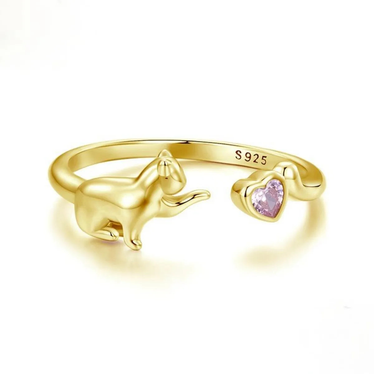 Playful Kitty 925 Sterling Silver Open Ring Adjustable Cat Pink Zircon Heart Gold or Silver