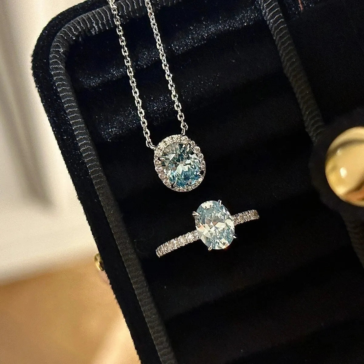 S925 Sterling Silver Oval Blue Zircon Necklace & Ring Set Elegant Jewelry