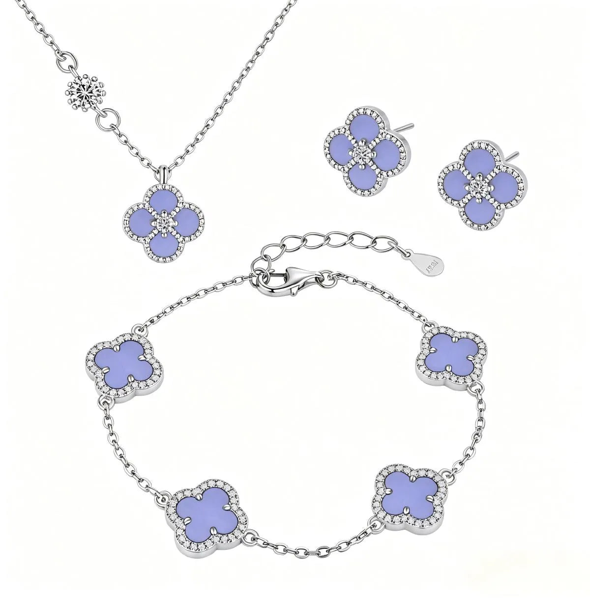 925 Sterling Silver Violet Clover Jewelry Set Necklace Earrings Bracelet