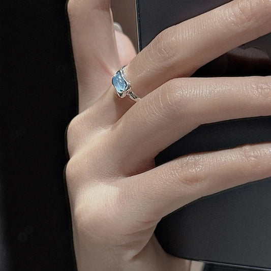 925 Silver Adjustable Ring Aquamarine Color Stone Minimalist