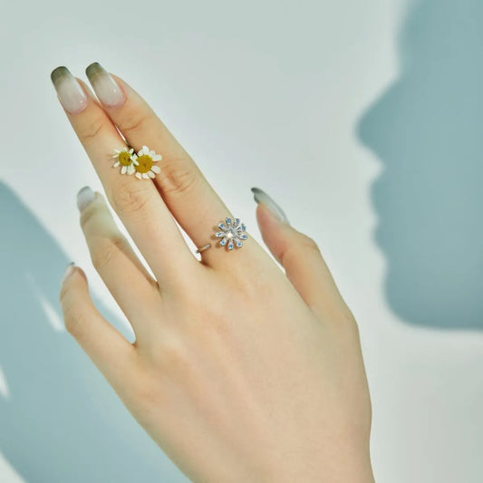 925 Silver Rotating Flower Ring Adjustable Stress Relief Spinner