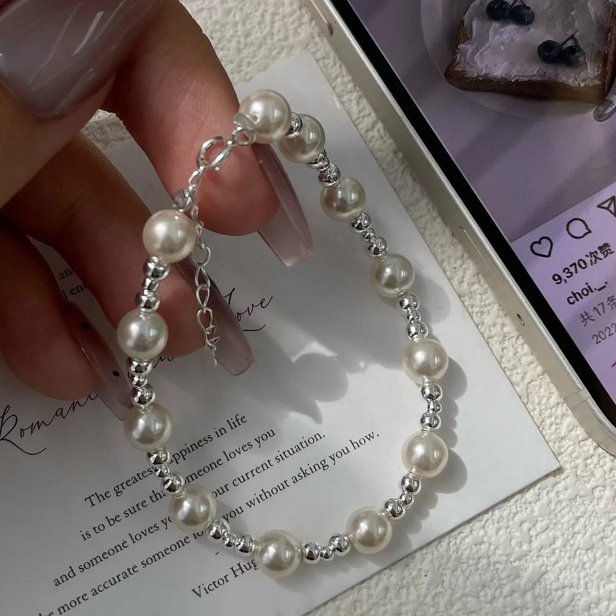 925 Silver Pearl Bracelet Beaded Elegant Classic Jewelry