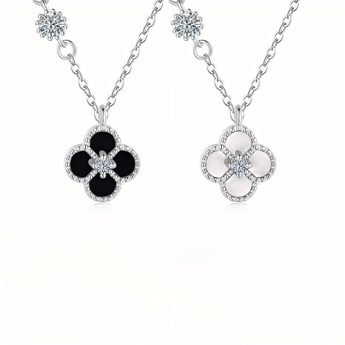 925 Silver Clover Necklace Black Onyx or Nacre Pendant