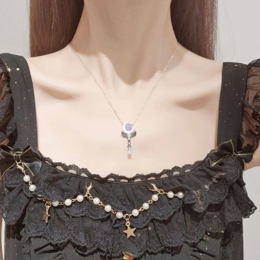 925 Silver Heart Moon Necklace Wand Pendant Pink or Purple