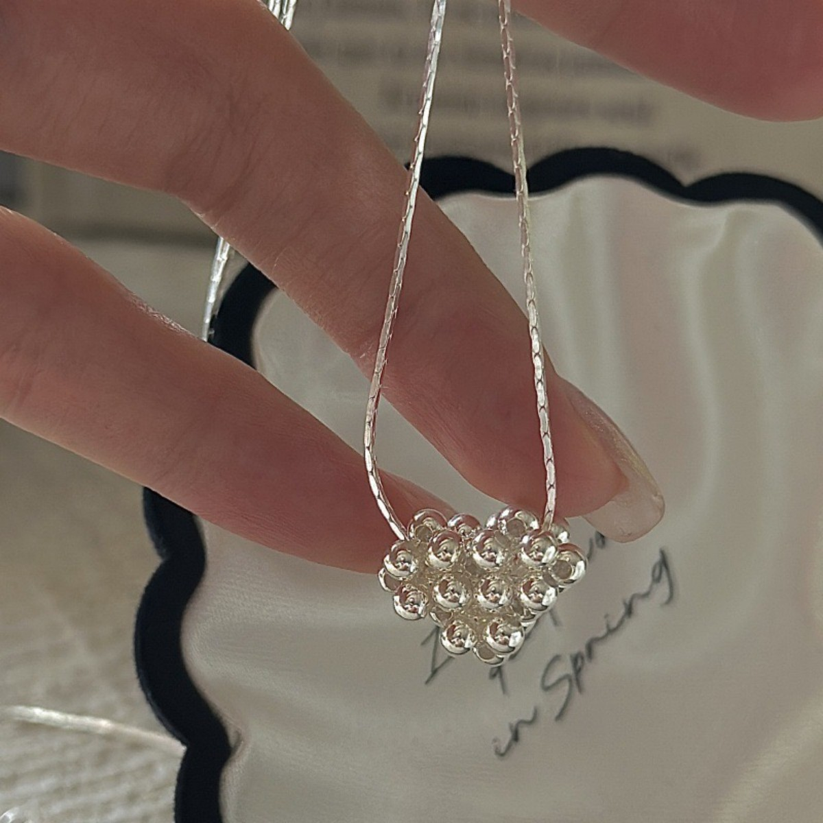 S925 Sterling Silver Beaded Heart Necklace Adjustable 45+5 cm