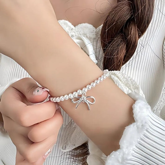 S925 Sterling Silver Bowknot Pearl Bracelet Adjustable Elegant Design