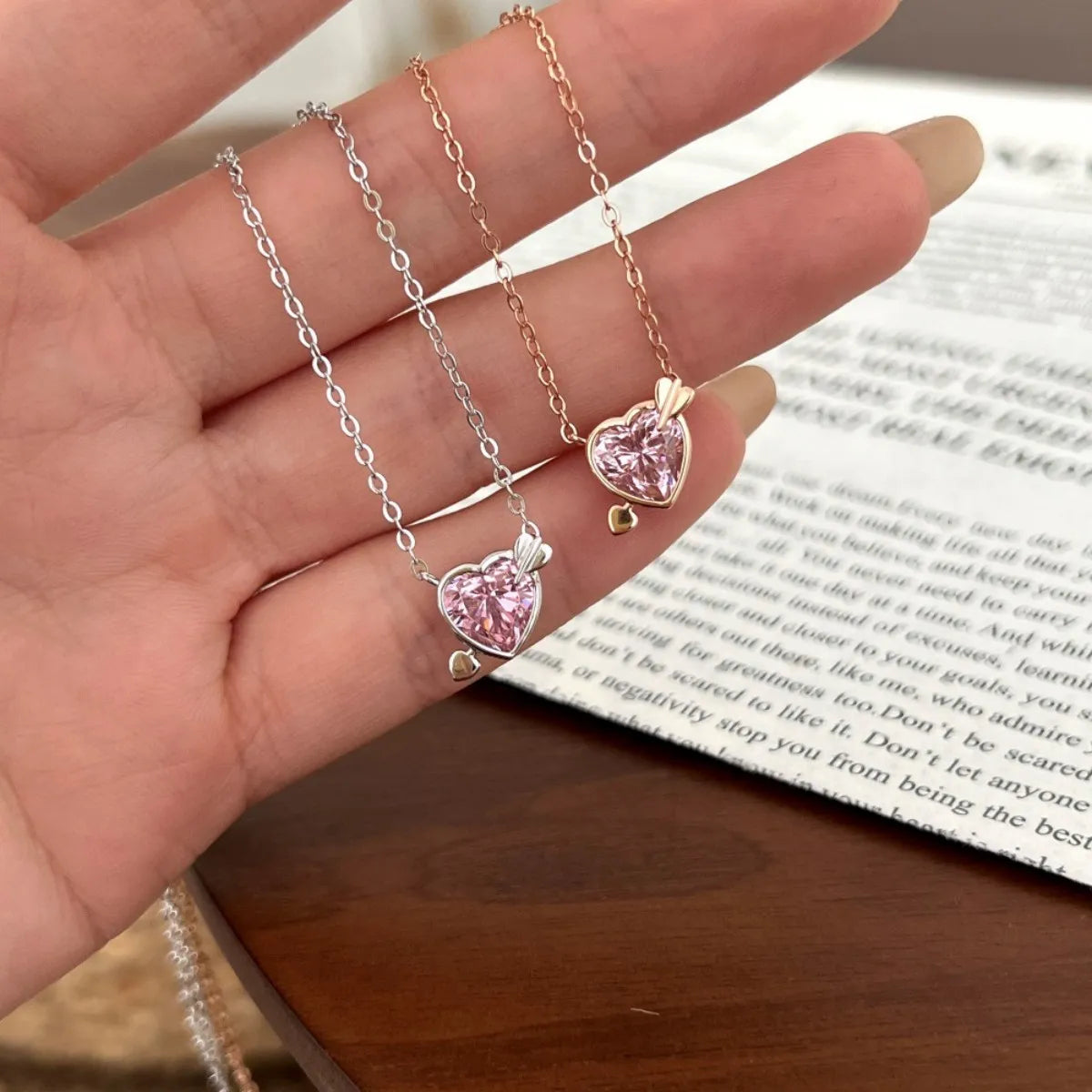 S925 Sterling Silver Pink Heart Jewelry Set Rose Gold Tone Necklace Ring Earrings