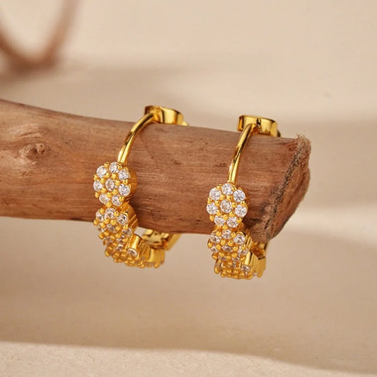S925 Sterling Silver Pave CZ Hoop Earrings Gold Tone Small Hoop