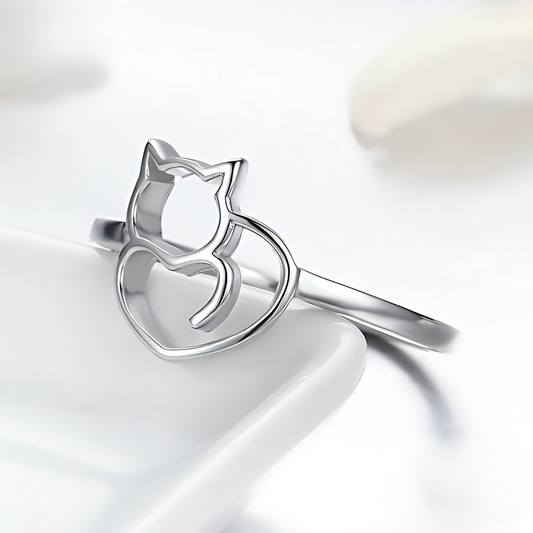 S925 Sterling Silver Cat Heart Ring Openwork Minimalist Design