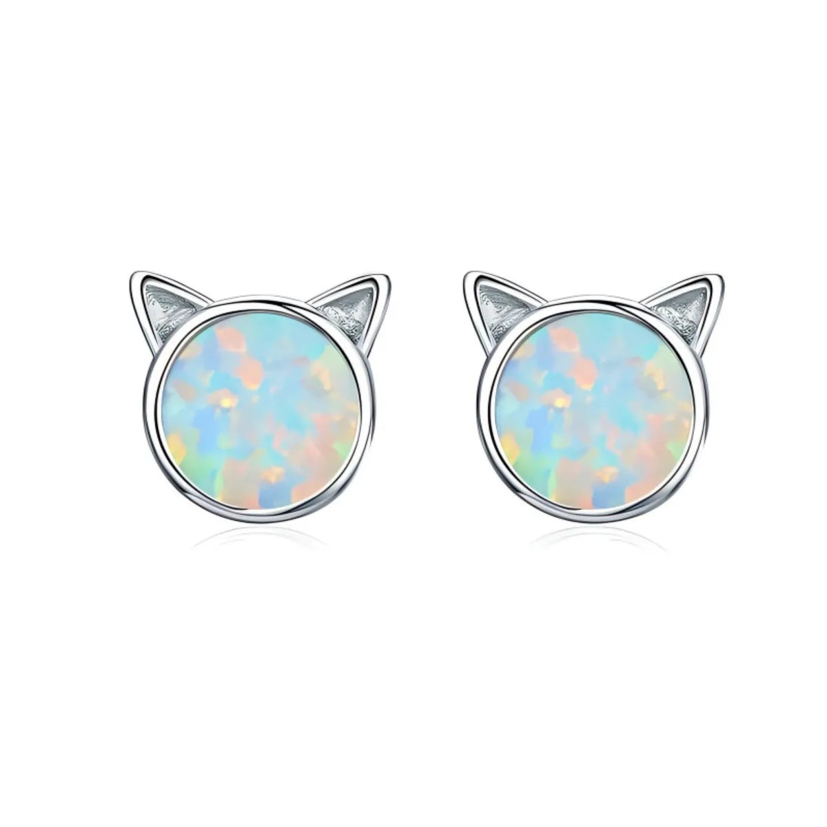 S925 Sterling Silver Cat Ear Opal Stud Earrings White Gold Plated