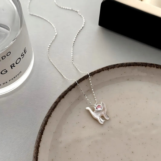 S925 Sterling Silver Cat Necklace Mother of Pearl Pink CZ Pendant