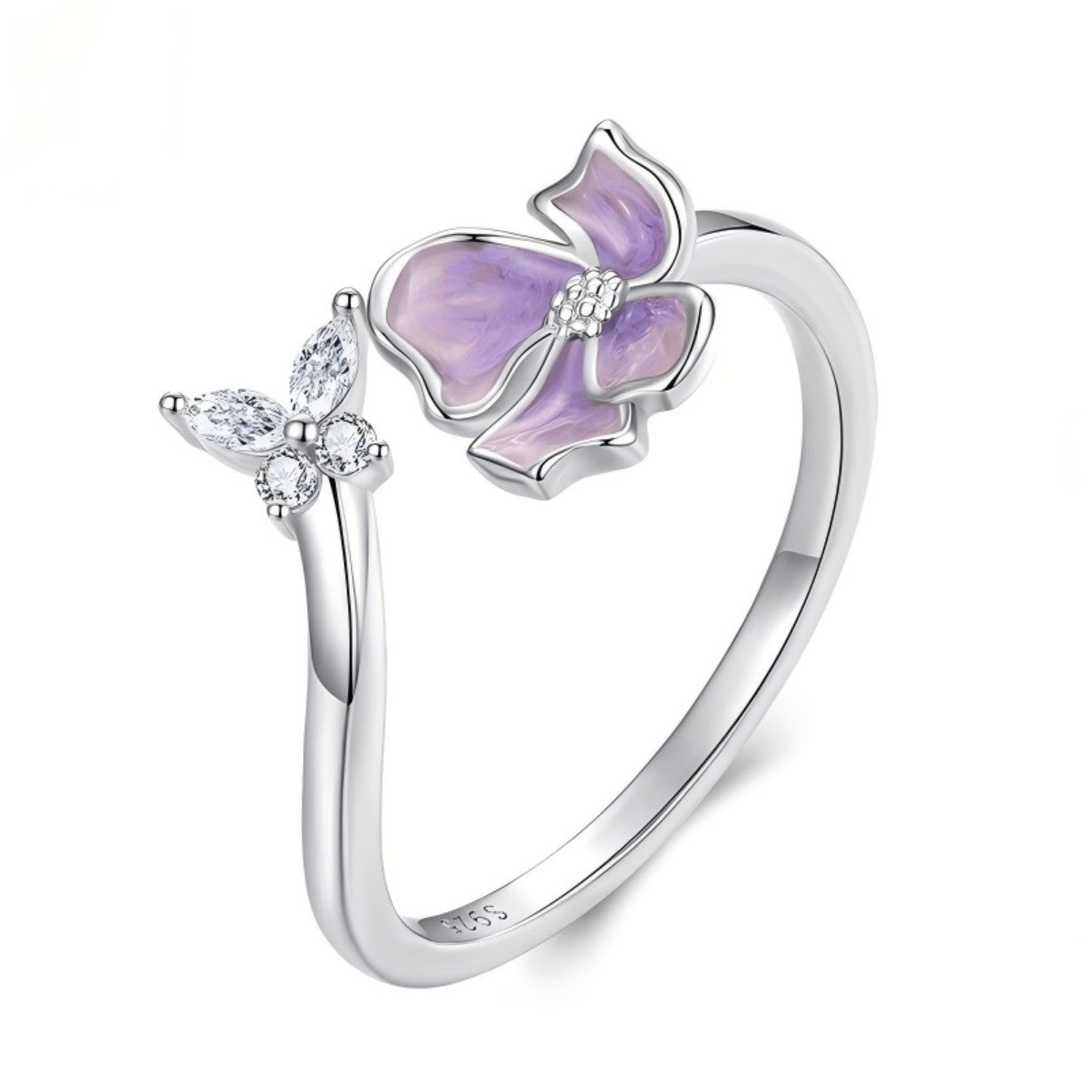 S925 Sterling Silver Butterfly Flower Ring Adjustable Open Band Purple
