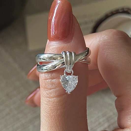 S925 Sterling Silver Heart Knot Ring Adjustable CZ Open Band