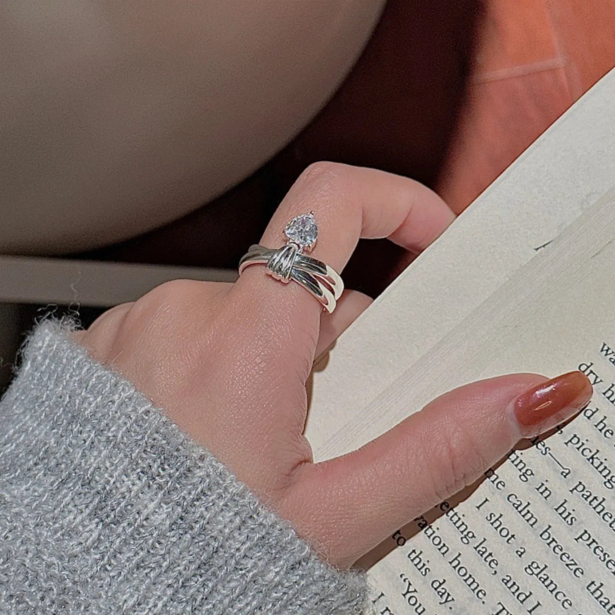 S925 Sterling Silver Heart Knot Ring Adjustable CZ Open Band