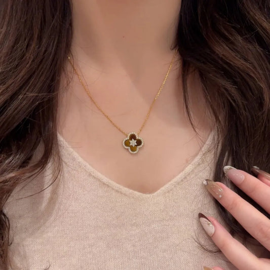 S925 Sterling Silver Tiger Eye Clover Jewelry Set Necklace Bracelet Earrings