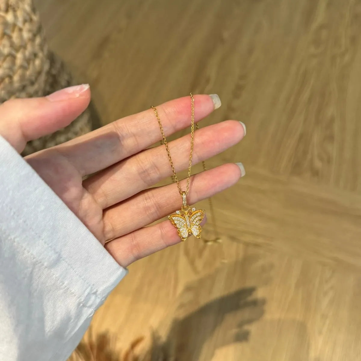 S925 Sterling Silver Vintage Butterfly Necklace CZ Gold Tone Adjustable