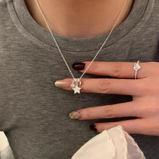 S925 Sterling Silver Star Charm Necklace Adjustable 40-45 cm