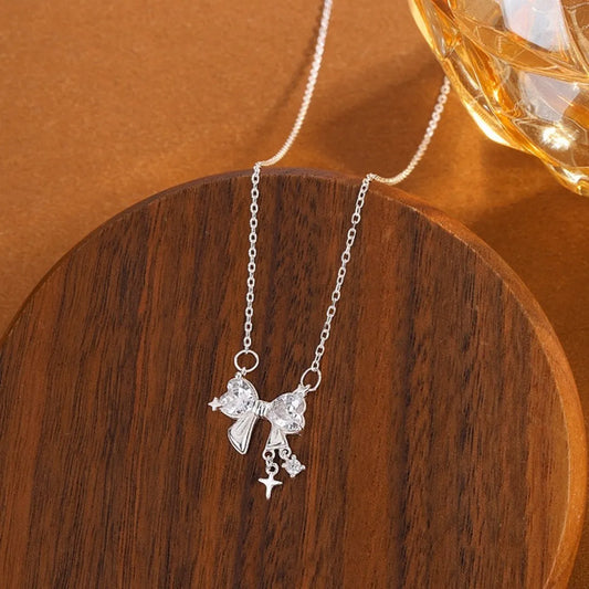 999 Pure Silver Bow Necklace Minimalist Pendant