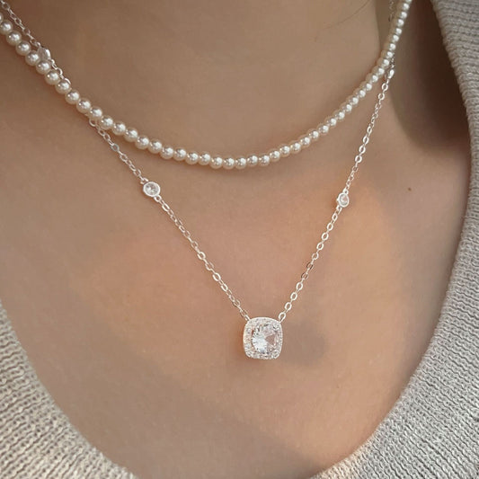 S925 Sterling Silver Pearl Layered Necklace Vintage Cube Sugar Design
