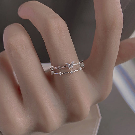 S925 Sterling Silver Double-Band Butterfly Ring with Artificial Gems