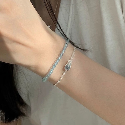 S925 Sterling Silver Aquamarine Cube Bracelet Snake Chain Adjustable