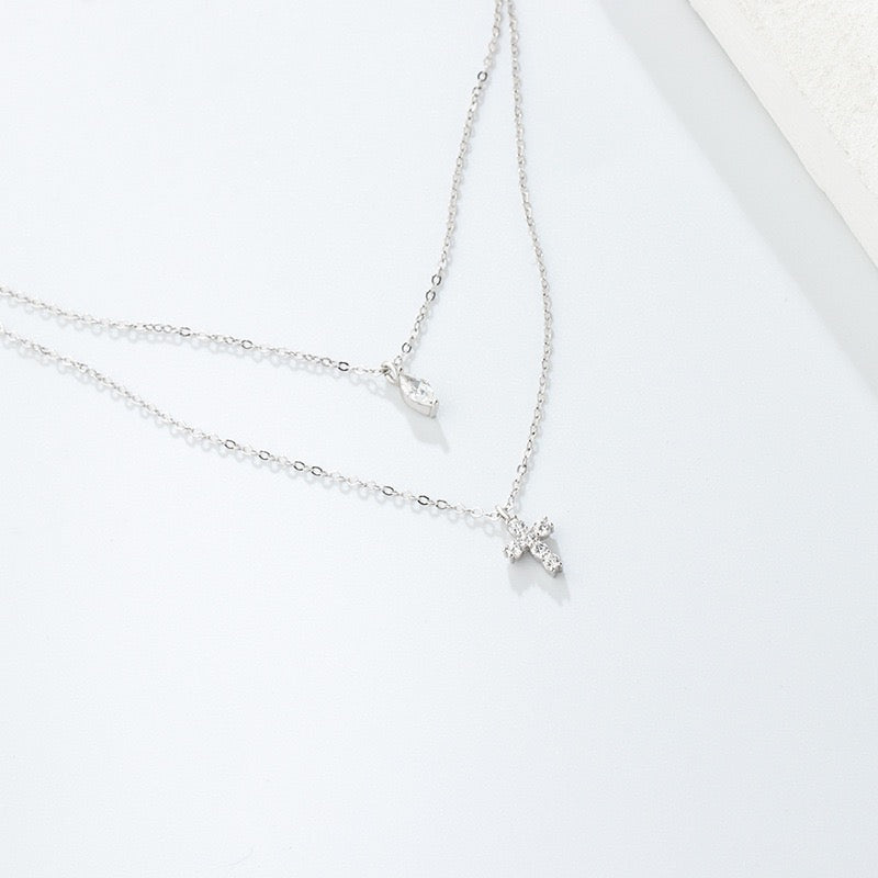 S925 Sterling Silver Mini Cross Necklace Double Chain 5A CZ Adjustable