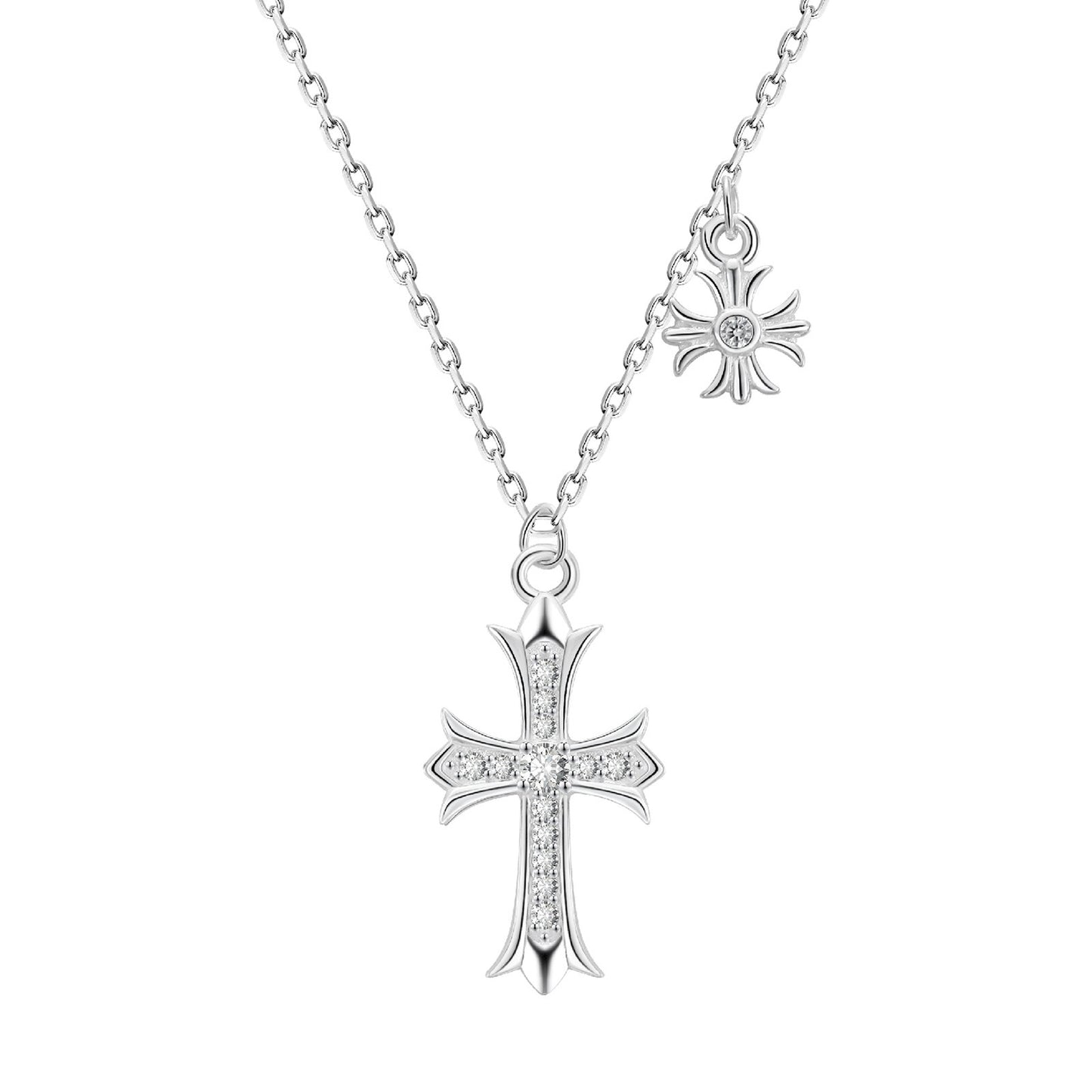 S999 Pure Silver Double Cross Necklace Adjustable Cable Chain