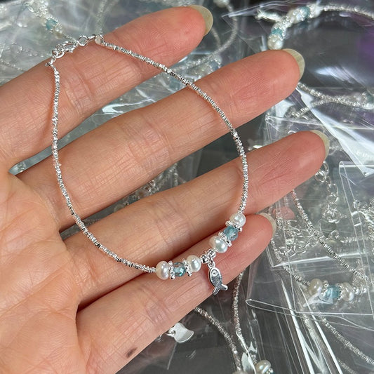 S925 Sterling Silver Aquamarine Pearl Chunky Link Bracelet Adjustable
