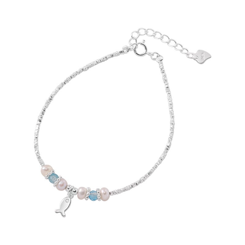 S925 Sterling Silver Aquamarine Pearl Chunky Link Bracelet Adjustable