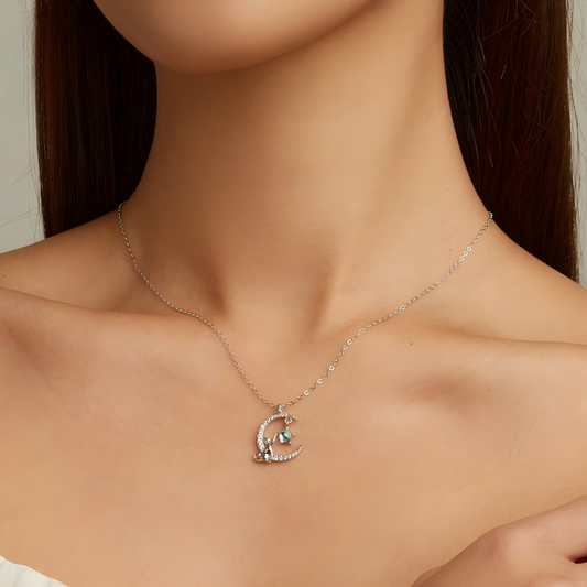 925 Sterling Silver Moonlit Cat Necklace White Gold Moonstone Cat Pendant