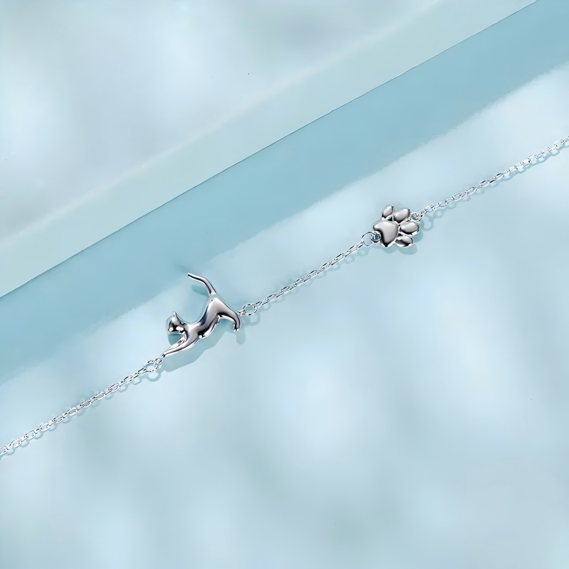 925 Sterling Silver Lazy Stretch Cat Bracelet White Gold Plated Cat Jewelry