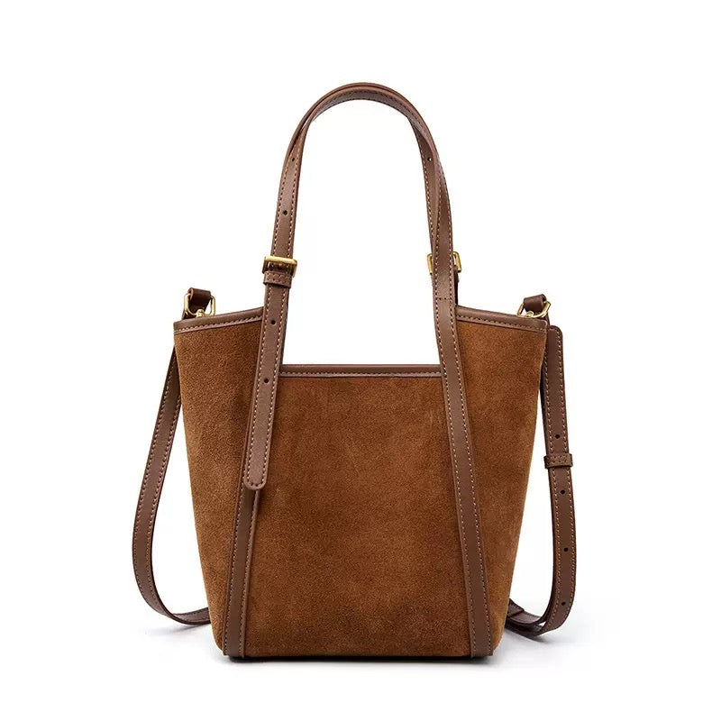 Women's Coffee Suede Cowhide Bucket Satchel