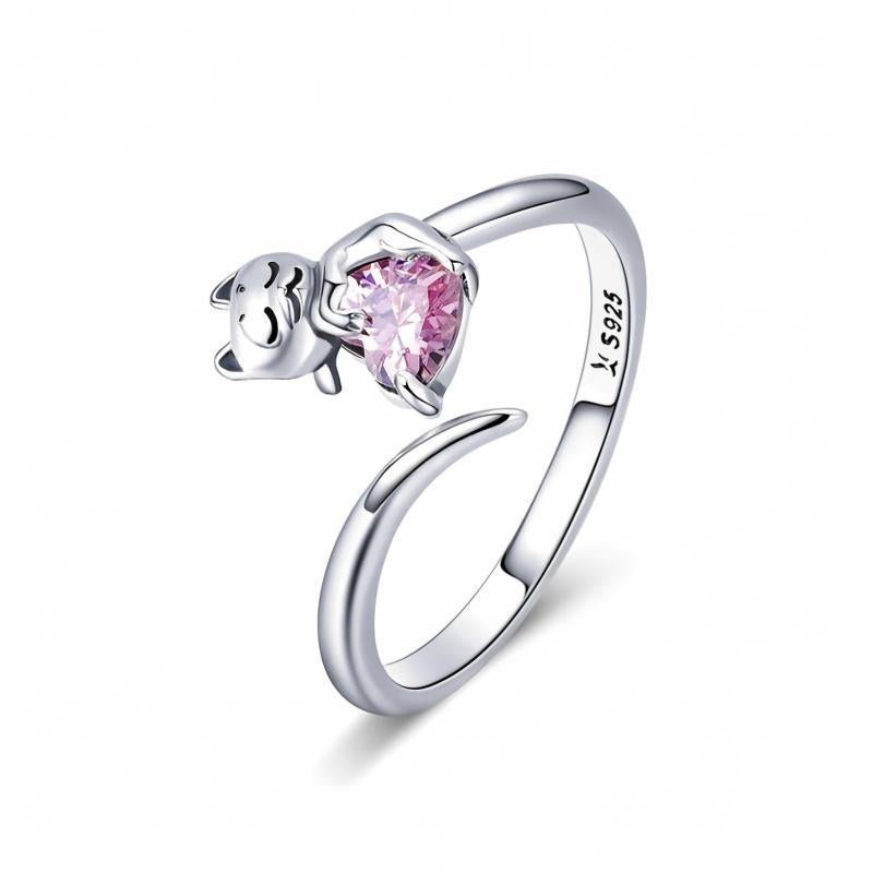 Blush Kitty S925 Silver Pink Heart Cat Adjustable Open Ring