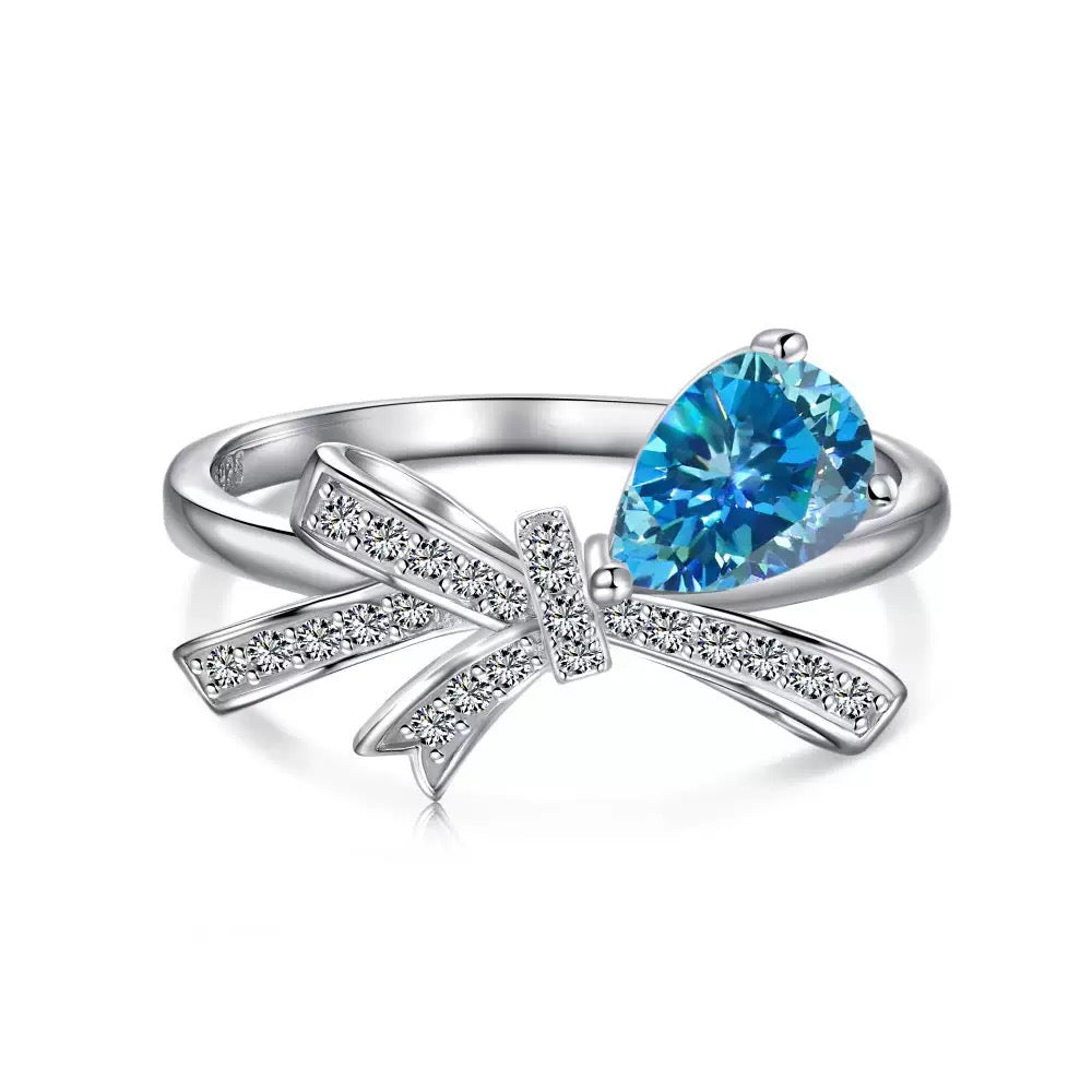 925 Sterling Silver Sweet Bowdrop Ring Teardrop Zircon Bow Ring