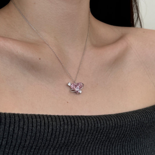 S925 Sterling Silver Orbit of Love Necklace Pink Heart CZ Planet Satellite Design