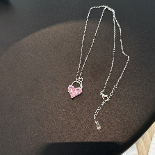 S925 Sterling Silver Key to My Heart Necklace Pink Heart CZ Key Pendant Romantic Jewelry