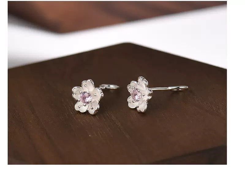 S999 Sterling Silver Sakura Stud Earrings Cherry Blossom Design
