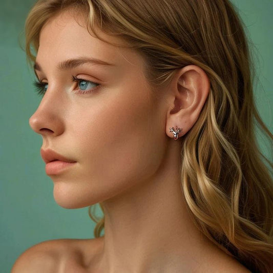 “Reindeer Charm” S925 Sterling Silver Reindeer C-Hoop Stud Earrings