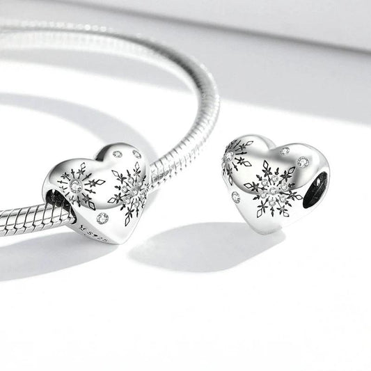 “Heartflake” S925 Sterling Silver Heart Snowflake Charm Bead