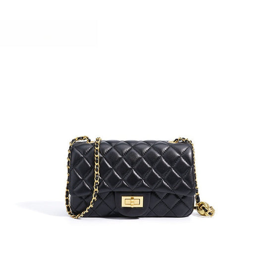 Women's Quilted Sheepskin Flap Bag with Adjustable Gold Chain