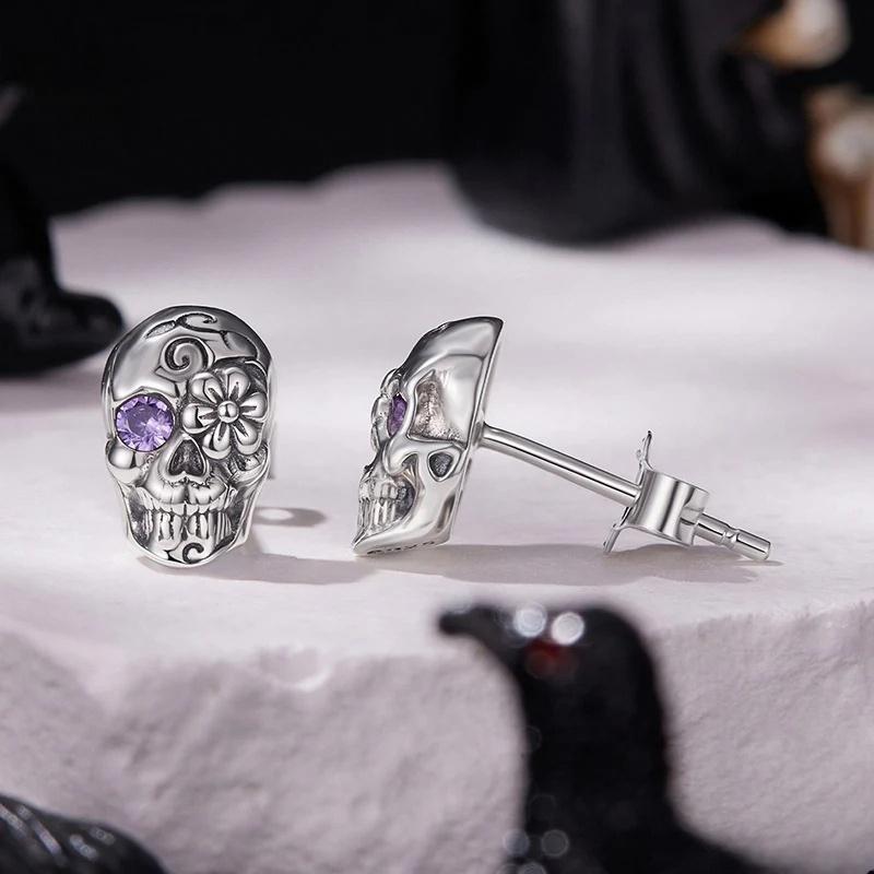 “Midnight Skull” S925 Sterling Silver Gothic Halloween Stud Earrings