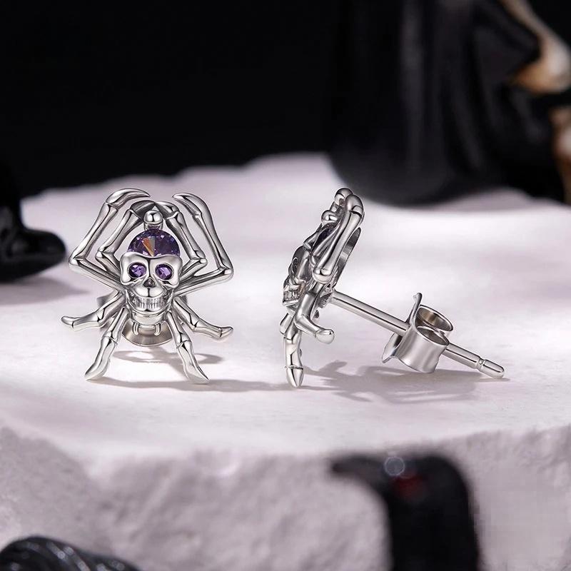 “Spider Skull” S925 Sterling Silver Gothic Halloween Stud Earrings
